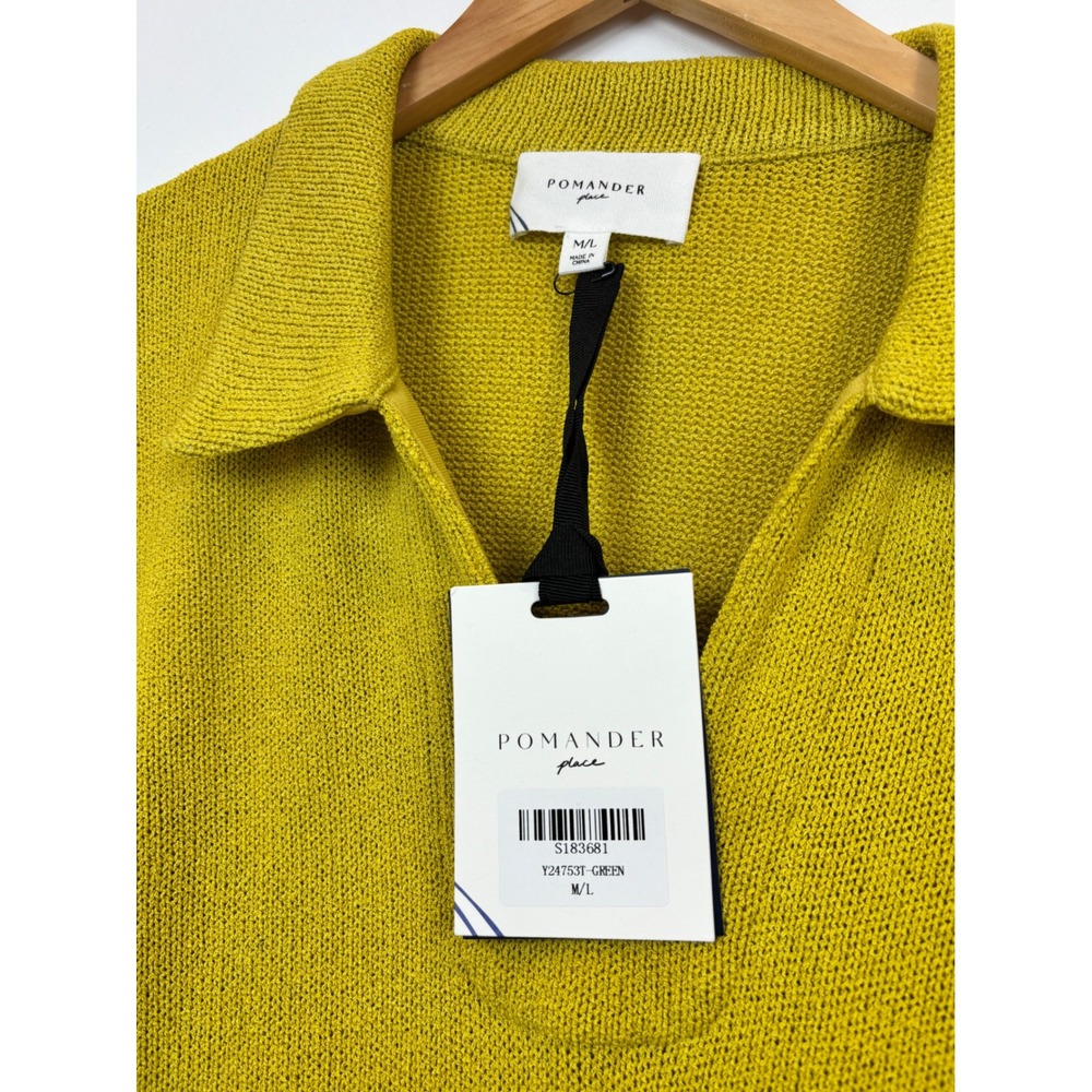Pomander Place Womens Chartreuse Green Knit Polo V-Neck Shift Dress M/L NEW